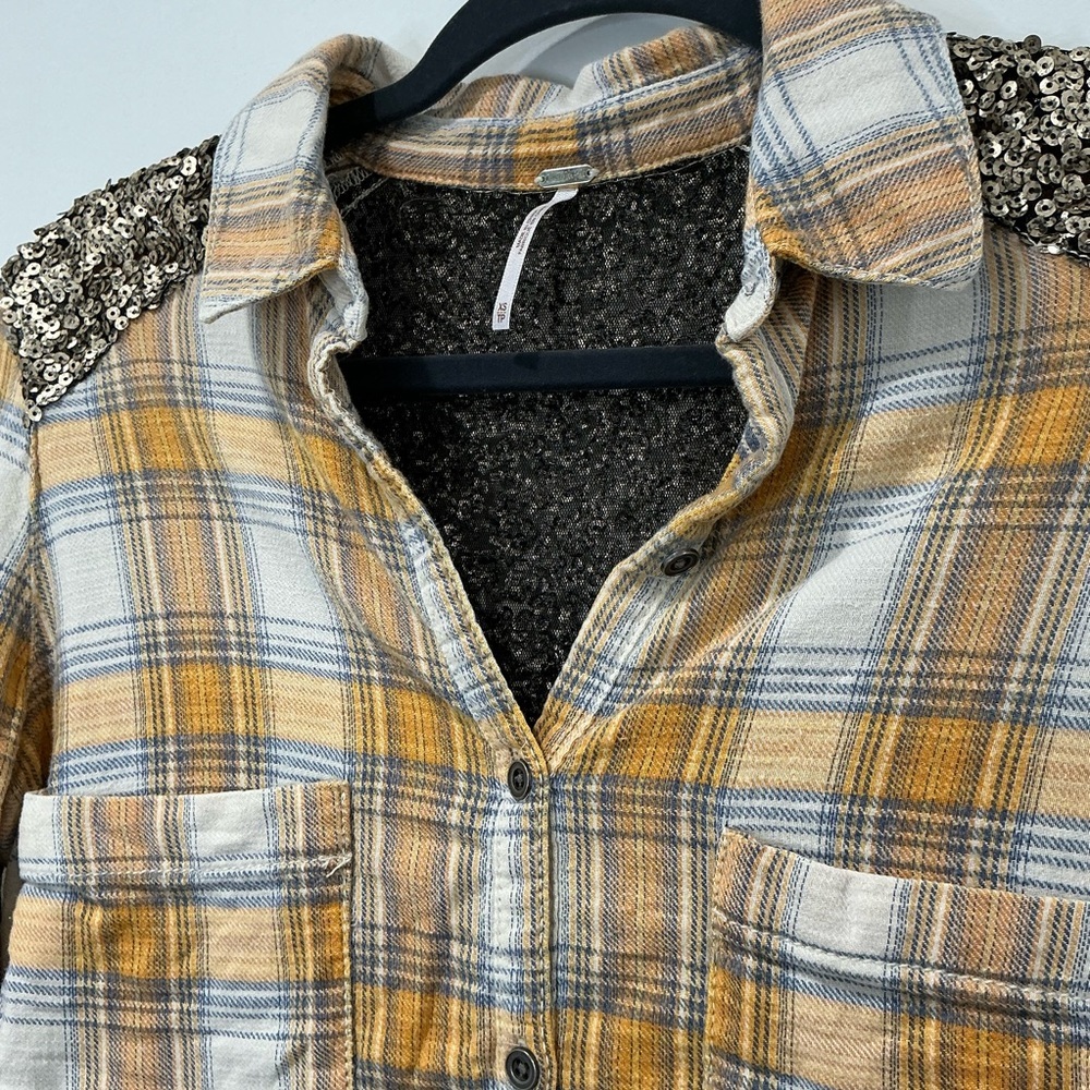 Free People Yellow Plaid Sequin Button Down Shirt - Picture 4 of 9